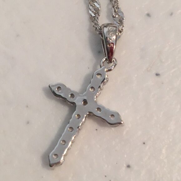 Cross Necklace Sterling Silver Cubic Zirconia Pendant 925 17in Twist Chain - Picture 9 of 14